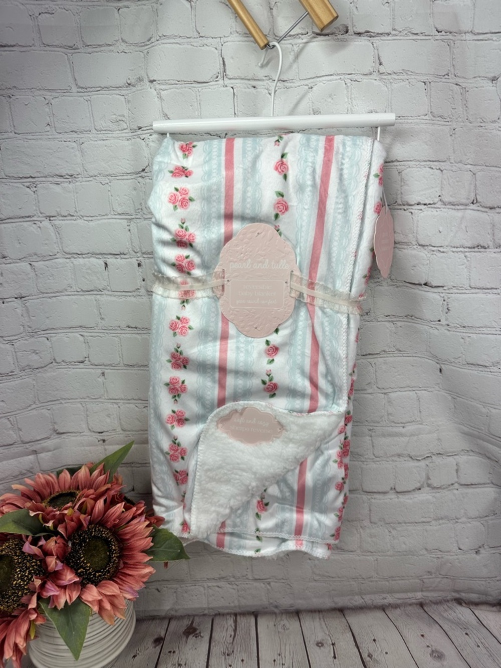 NWT pearl and tulle reversible Floral Stripe baby Blanket cottage boho feminine